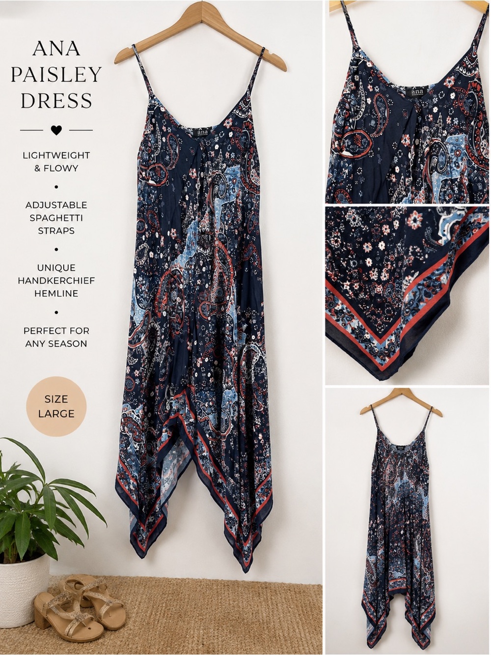 a.n.a Navy Paisley Printed Slip Dress with Spaghetti Straps